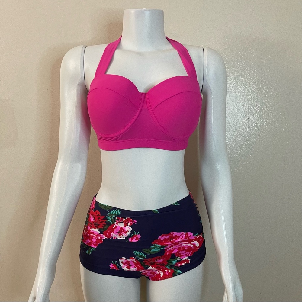 Pink top and floral print  bikini bottom swimwear two piece set